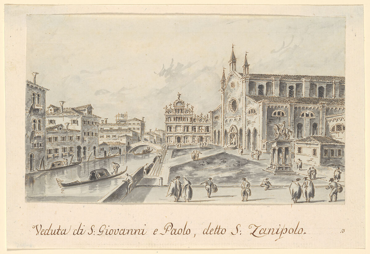 Campo Santi Giovanni e Paolo, Looking Toward the Scuola di San Marco, Giacomo Guardi (Italian, Venice (?) 1764–1835 Venice (?)), Pen and brown ink, brown-gray wash 