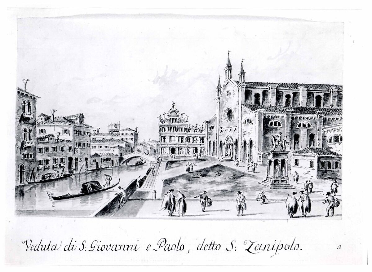 Campo Santi Giovanni e Paolo, Looking Toward the Scuola di San Marco, Giacomo Guardi (Italian, Venice (?) 1764–1835 Venice (?)), Pen and brown ink, brown-gray wash