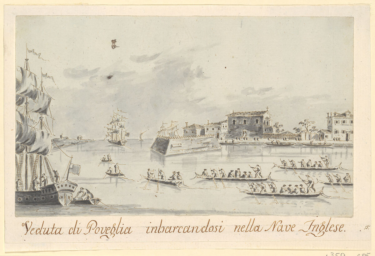 The Island of Povegila, with British Naval Officers Embarking, Giacomo Guardi (Italian, Venice (?) 1764–1835 Venice (?)), Pen and brown ink, gray wash 