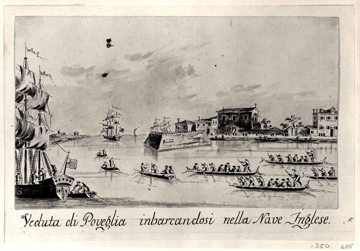 The Island of Povegila, with British Naval Officers Embarking, Giacomo Guardi (Italian, Venice (?) 1764–1835 Venice (?)), Pen and brown ink, gray wash