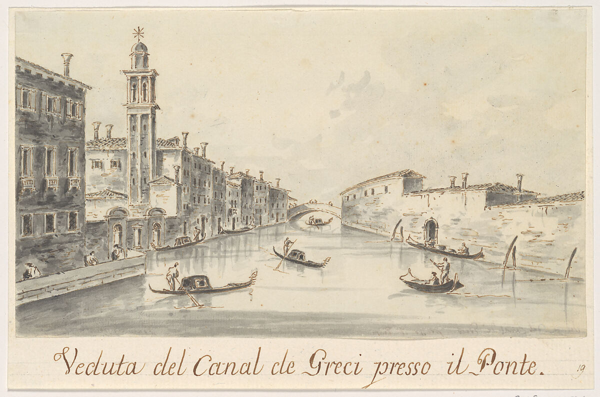 The Rio dei Greci, with the Ponte della Pieta in the Distance, Giacomo Guardi (Italian, Venice (?) 1764–1835 Venice (?)), Pen and brown ink, gray wash 