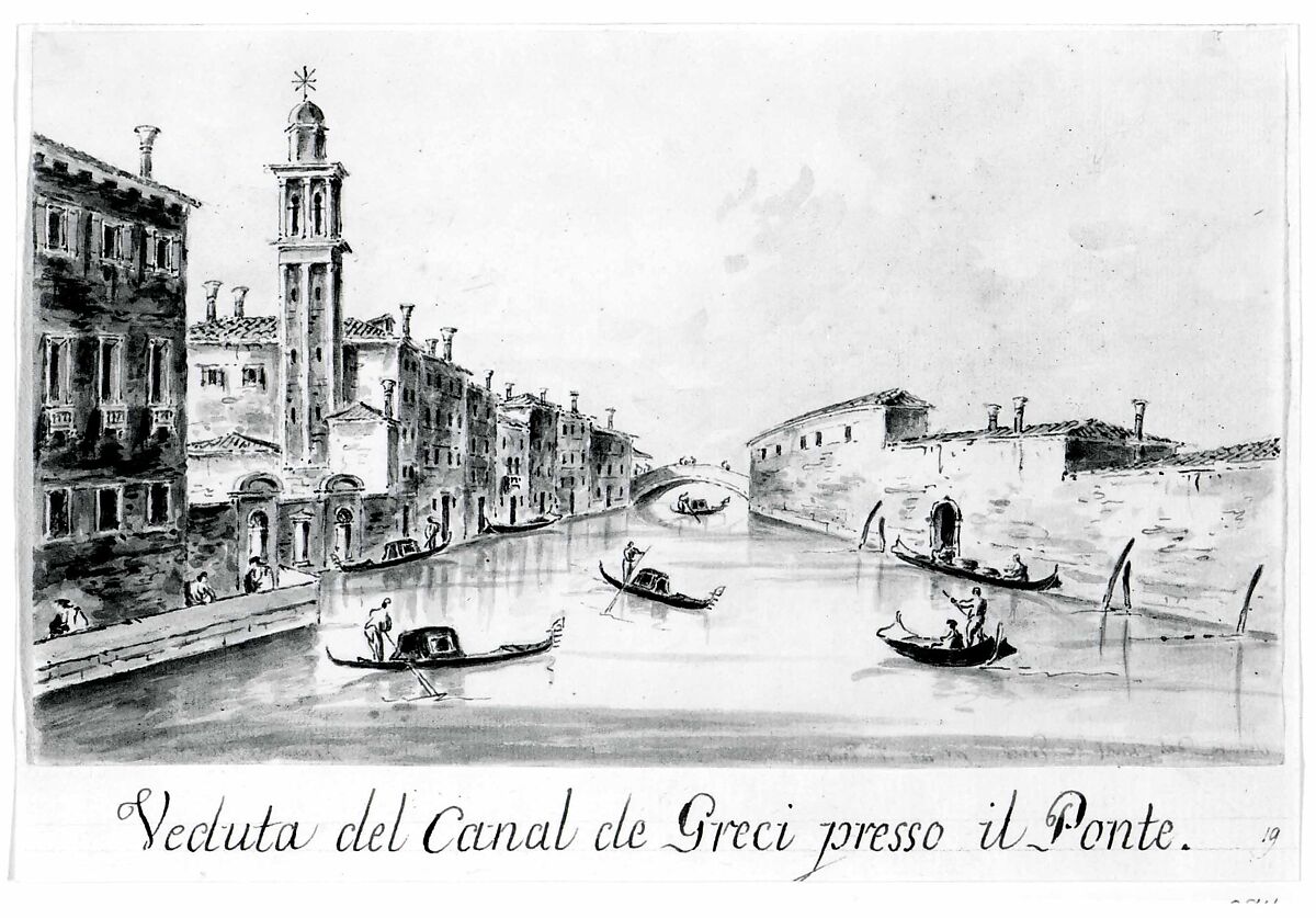 The Rio dei Greci, with the Ponte della Pieta in the Distance, Giacomo Guardi (Italian, Venice (?) 1764–1835 Venice (?)), Pen and brown ink, gray wash