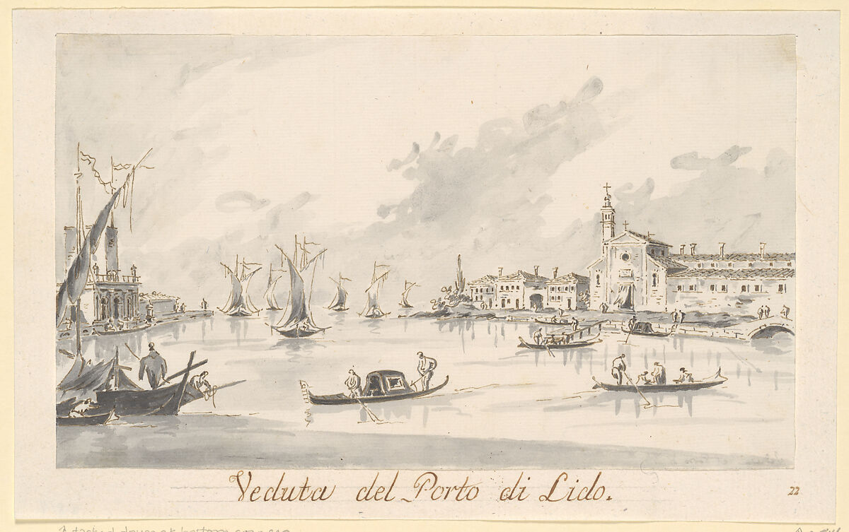 The Porto di Lido, with the Fortezza Sant'Andrea on the Left, Giacomo Guardi (Italian, Venice (?) 1764–1835 Venice (?)), Pen and brown ink, gray wash 