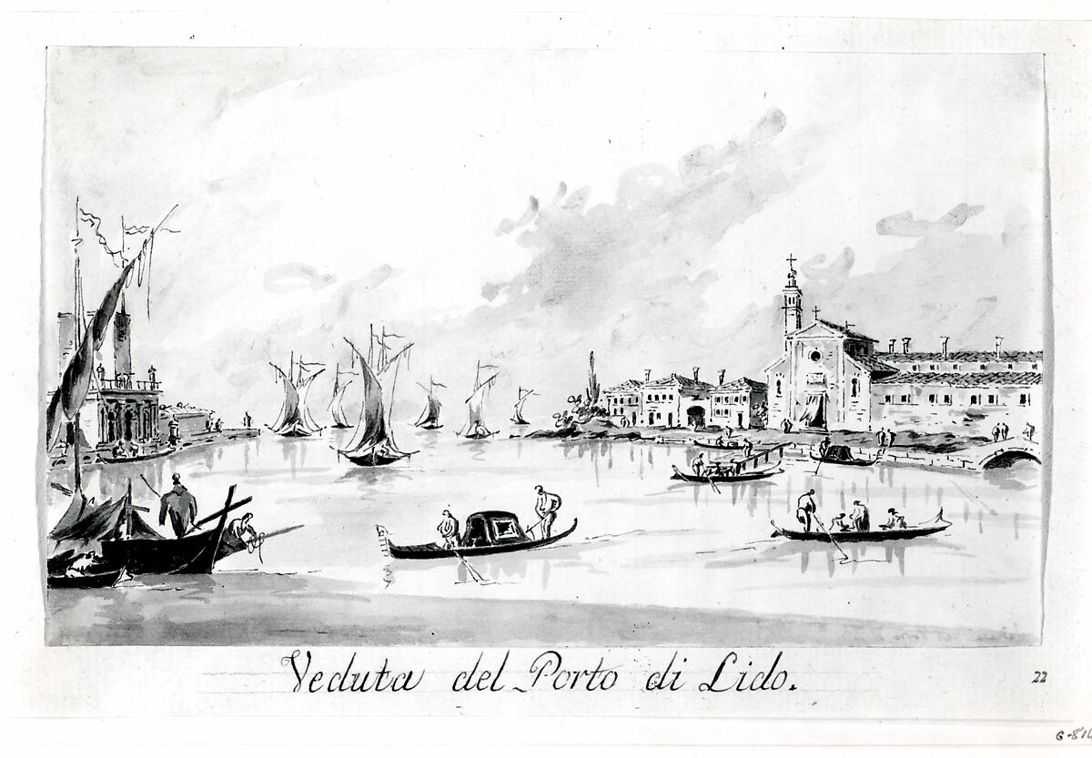 The Porto di Lido, with the Fortezza Sant'Andrea on the Left, Giacomo Guardi (Italian, Venice (?) 1764–1835 Venice (?)), Pen and brown ink, gray wash