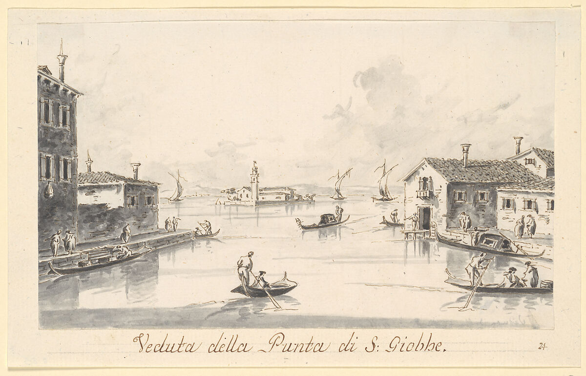 The Punta di San Giobbe, with the Island of San Secondo in the Distance, Giacomo Guardi (Italian, Venice (?) 1764–1835 Venice (?)), Pen and brown ink, gray wash 