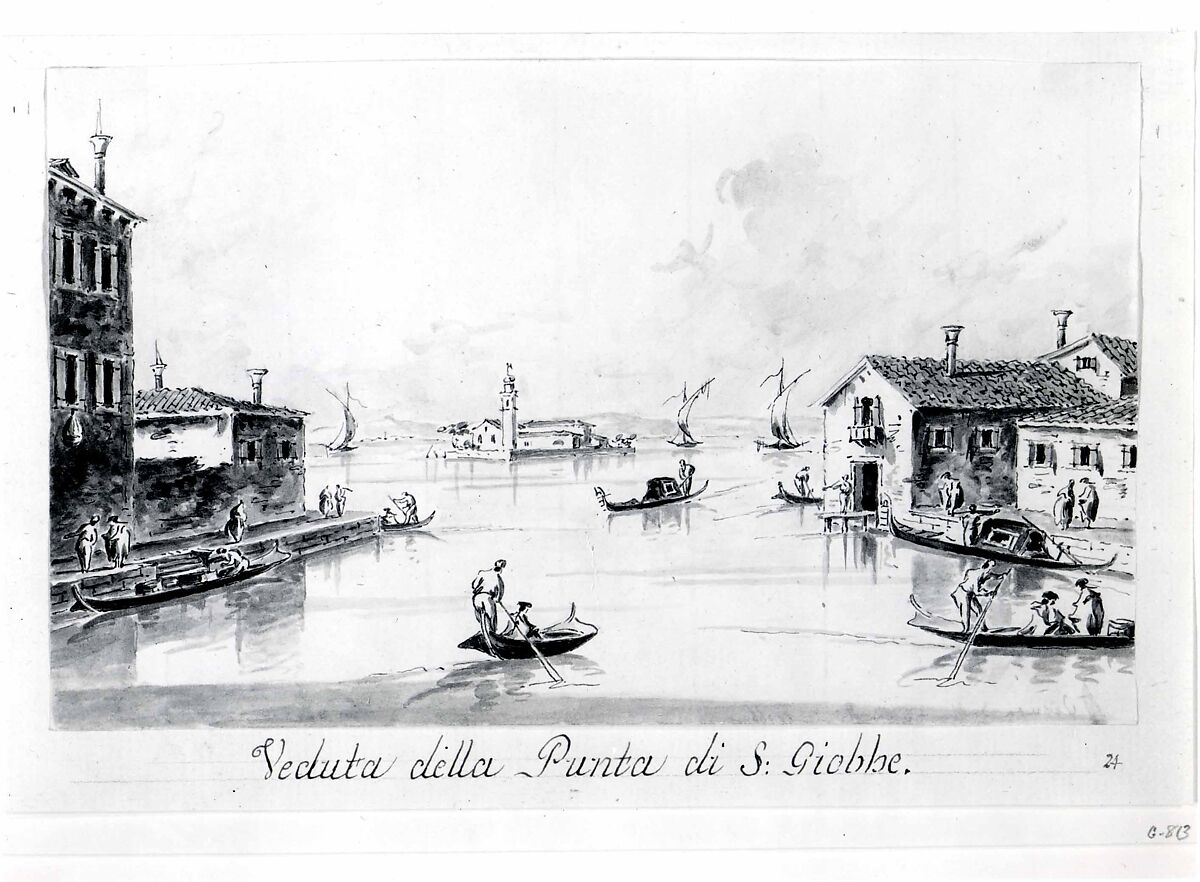 The Punta di San Giobbe, with the Island of San Secondo in the Distance, Giacomo Guardi (Italian, Venice (?) 1764–1835 Venice (?)), Pen and brown ink, gray wash