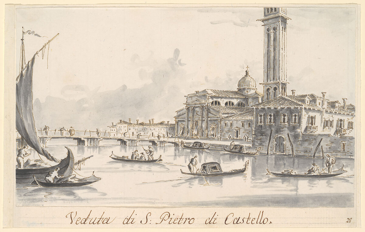 San Pietro di Castello, Giacomo Guardi (Italian, Venice (?) 1764–1835 Venice (?)), Pen and brown ink, gray wash 