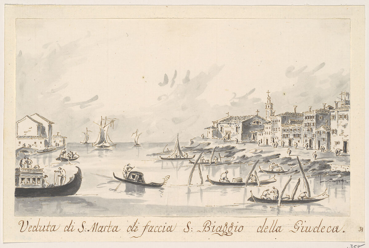 The Punta di Santa Marta, Opposite the Giudecca, Giacomo Guardi (Italian, Venice (?) 1764–1835 Venice (?)), Pen and brown ink, gray wash 