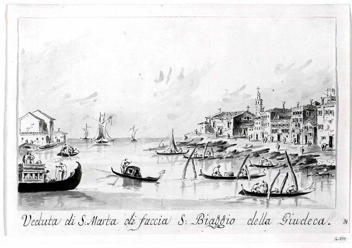 The Punta di Santa Marta, Opposite the Giudecca, Giacomo Guardi (Italian, Venice (?) 1764–1835 Venice (?)), Pen and brown ink, gray wash