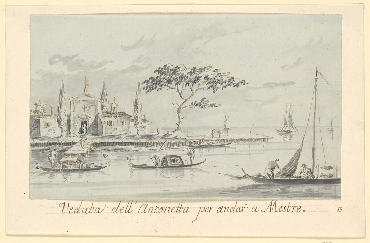 The Island of L'Anconetta, on the Way to Mestre, with the Church of La Madonnetta, Giacomo Guardi (Italian, Venice (?) 1764–1835 Venice (?)), Pen and brown ink, gray wash 