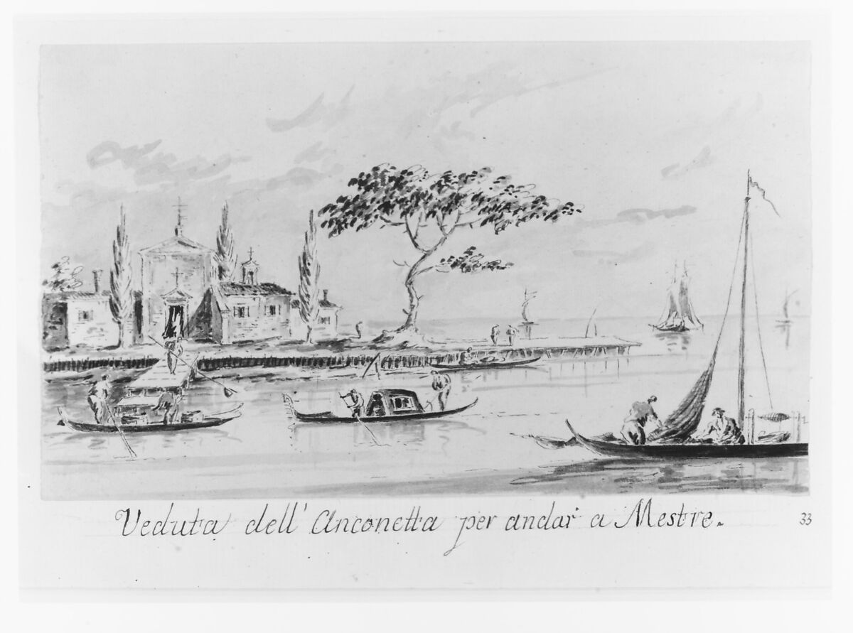 The Island of L'Anconetta, on the Way to Mestre, with the Church of La Madonnetta, Giacomo Guardi (Italian, Venice (?) 1764–1835 Venice (?)), Pen and brown ink, gray wash