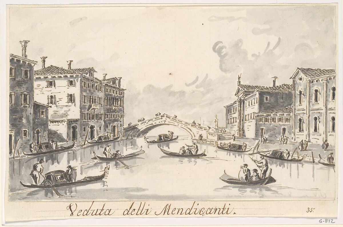 The Rio dei Mendicanti, Giacomo Guardi (Italian, Venice (?) 1764–1835 Venice (?)), Pen and brown ink, gray wash 