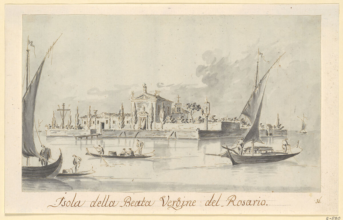 The Island of the Beata Vergine del Rosario, Giacomo Guardi (Italian, Venice (?) 1764–1835 Venice (?)), Pen and brown ink, gray wash 