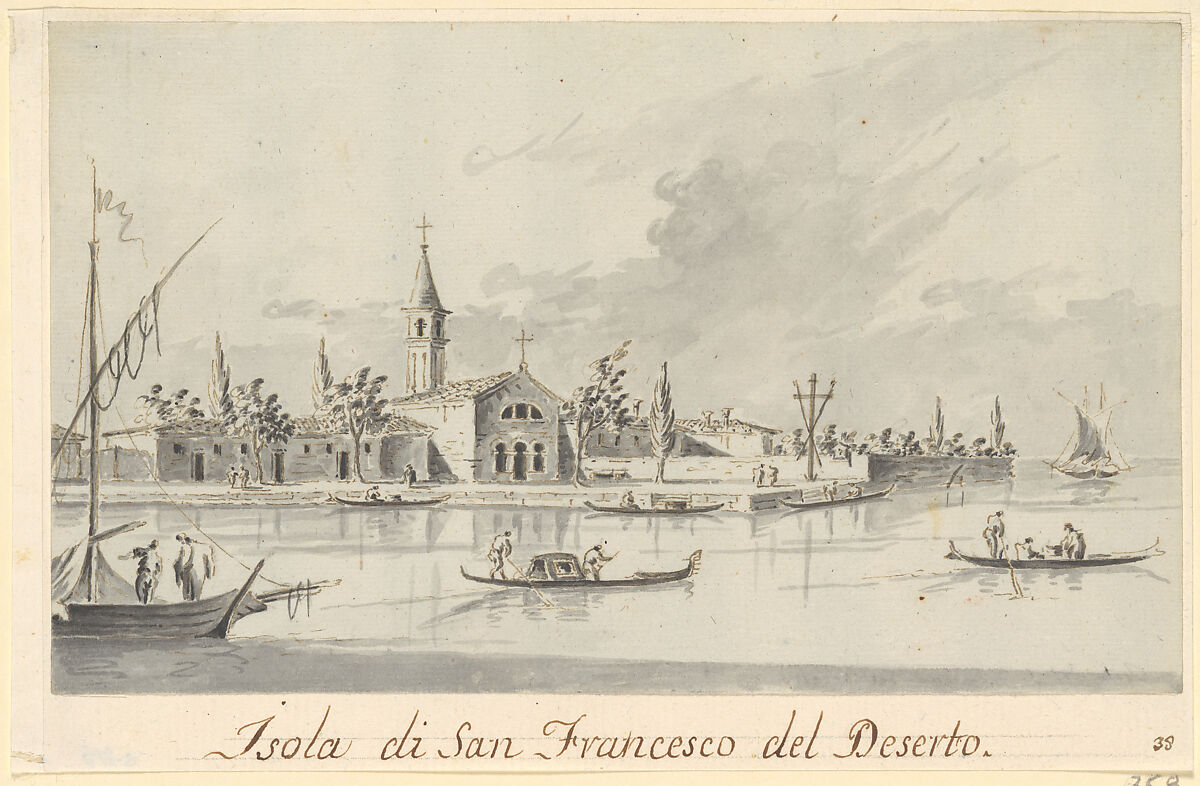 The Island of San Francesco del Deserto, Giacomo Guardi (Italian, Venice (?) 1764–1835 Venice (?)), Pen and brown ink, gray wash 