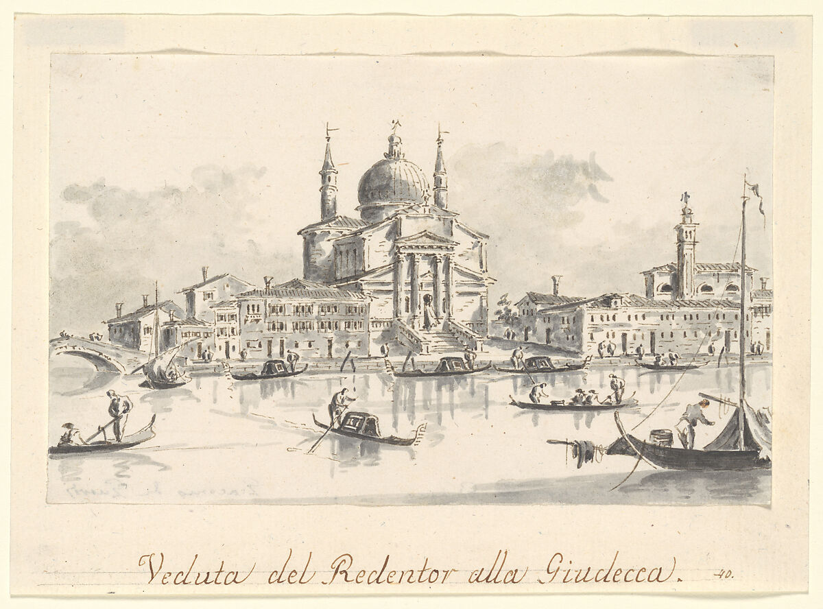 The Church of the Redentore from the Giudecca Canal, Giacomo Guardi (Italian, Venice (?) 1764–1835 Venice (?)), Pen and brown ink, gray wash 