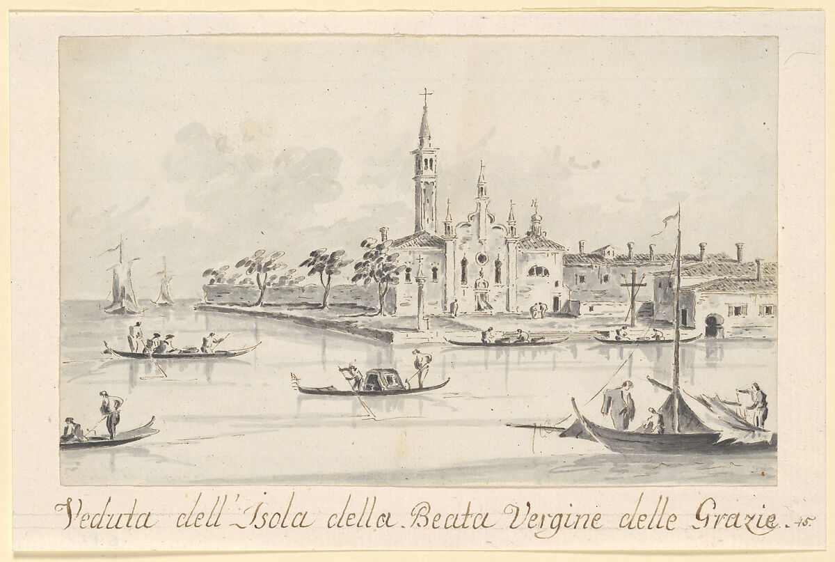 The Island of the Beata Vergine delle Grazie, Giacomo Guardi (Italian, Venice (?) 1764–1835 Venice (?)), Pen and brown ink, gray wash 