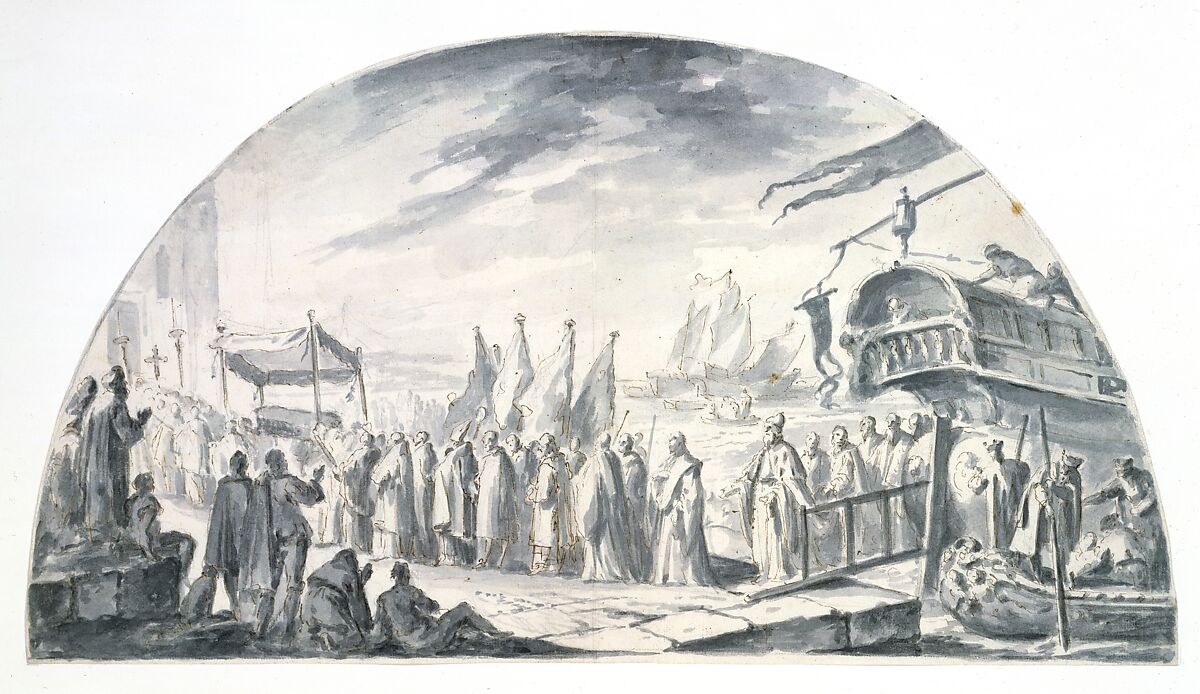 The Arrival in Venice, from Alexandria, of the Relics of Saint John the Alsgiver in 1247, Jacopo Marieschi (Italian (Venetian), 1711–1794), Pen and brown ink, gray wash, with pencil underdrawing 