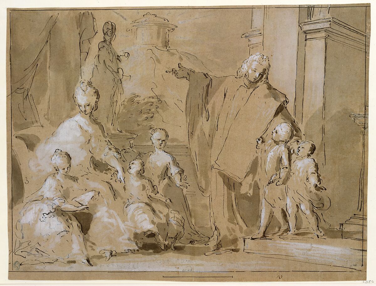 A Venetian Family Portrait Group, Pietro Antonio Novelli (Italian, Venice 1729–1804 Venice), Pen and brown ink, wash, heightened with white, on paper covered with brown wash 