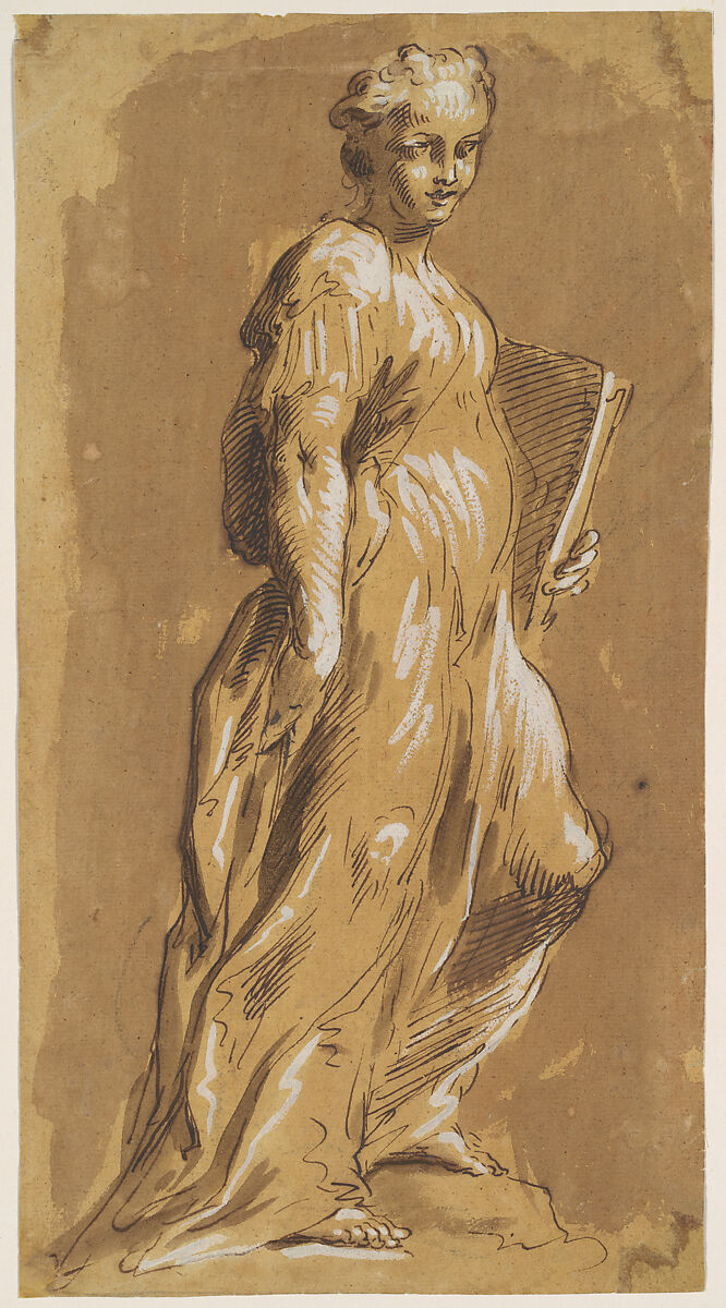 Allegorical Figure of a Woman, Pietro Antonio Novelli (Italian, Venice 1729–1804 Venice), Pen and light brown wash, heightened with white, on paper covered with light brown wash 