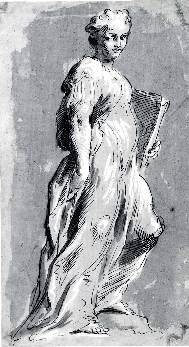 Allegorical Figure of a Woman, Pietro Antonio Novelli (Italian, Venice 1729–1804 Venice), Pen and light brown wash, heightened with white, on paper covered with light brown wash