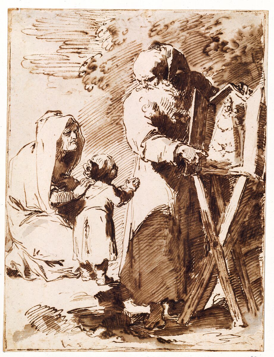 A Bearded Monk Showing a Portable Altar to a Praying Child, with an Old Woman Kneeling, Pietro Antonio Novelli (Italian, Venice 1729–1804 Venice), Pen and brown ink, wash 