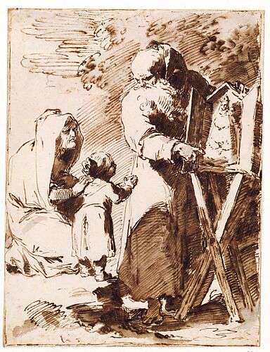 A Bearded Monk Showing a Portable Altar to a Praying Child, with an Old Woman Kneeling