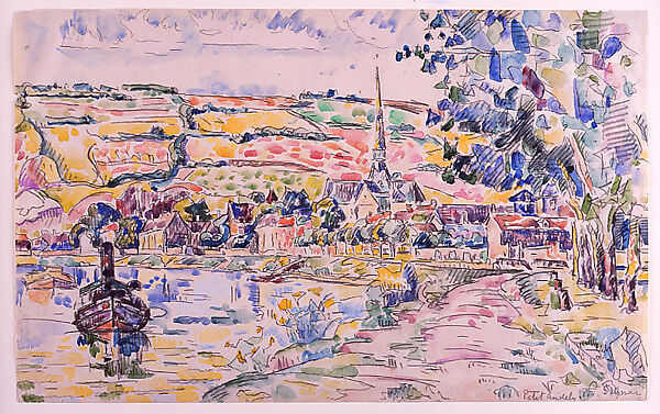 Petit Andely-The River Bank, Paul Signac (French, Paris 1863–1935 Paris), Black crayon and watercolor