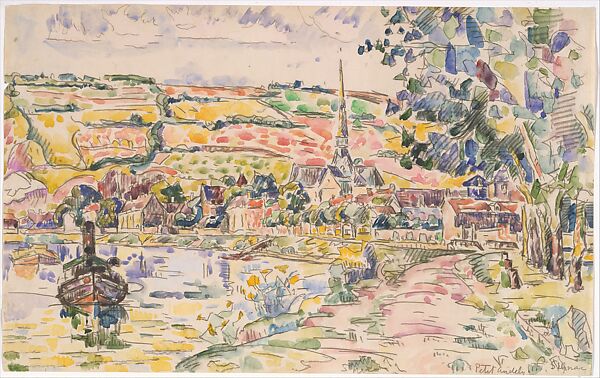 Petit Andely-The River Bank, Paul Signac (French, Paris 1863–1935 Paris), Black crayon and watercolor 