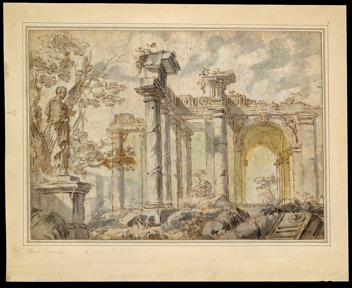 Ruins, with a Statue on the Left, Giovanni Paolo Panini (Italian, Piacenza 1691–1765 Rome), Pen and brown ink, gray, brown, blue, green and yellow washes 