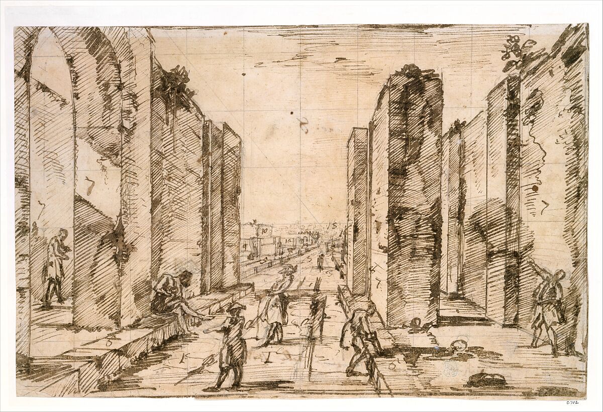 View through the Herculaneum Gate, Pompeii, Giovanni Battista Piranesi (Italian, Mogliano Veneto 1720–1778 Rome), Pen and brown ink over black chalk 