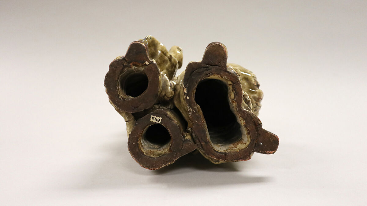 Kanzan and Jittoku, Pottery covered with enamels and with glaze, craquelé (Takatori ware), Japan