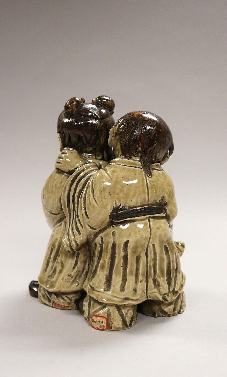 Kanzan and Jittoku, Pottery covered with enamels and with glaze, craquelé (Takatori ware), Japan