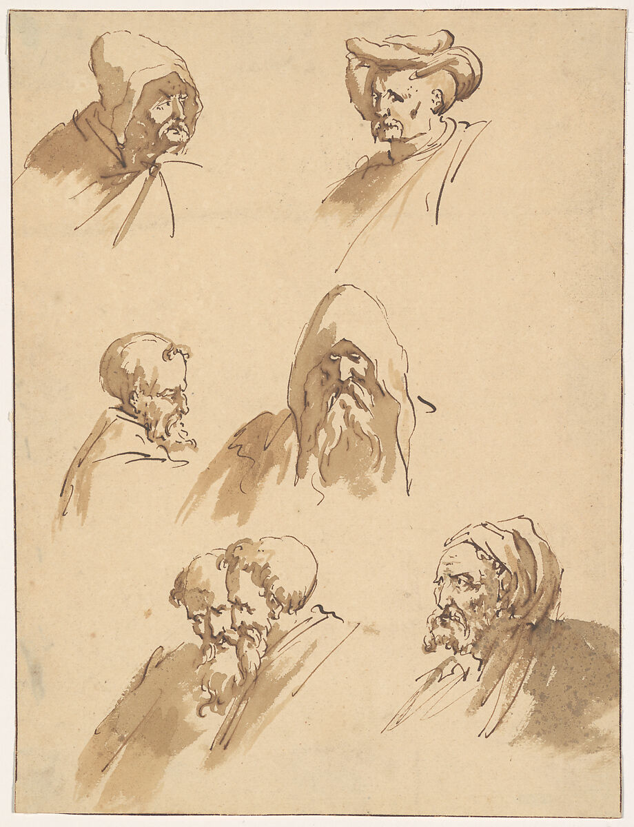 Seven Male Heads, Sebastiano Ricci (Italian, Belluno 1659–1734 Venice), Pen and brown ink, wash 