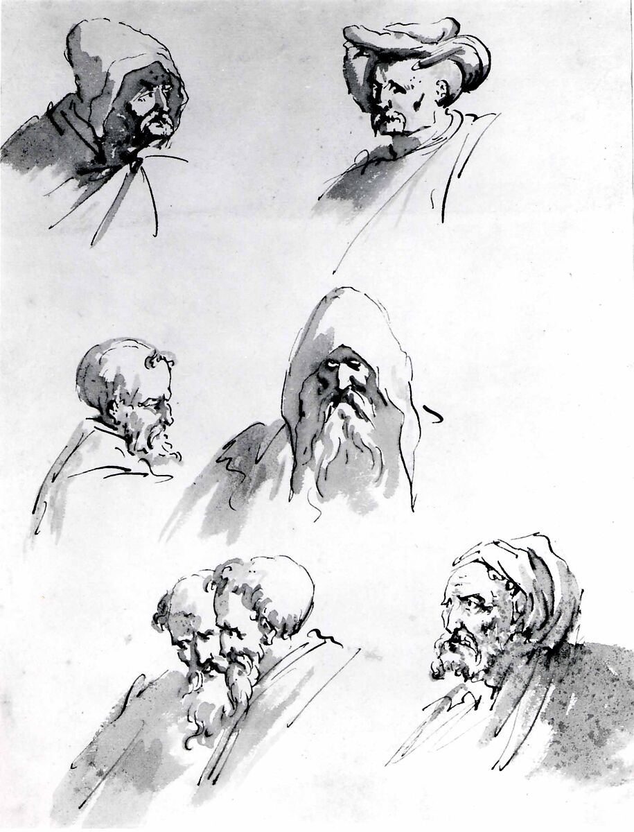 Seven Male Heads, Sebastiano Ricci (Italian, Belluno 1659–1734 Venice), Pen and brown ink, wash