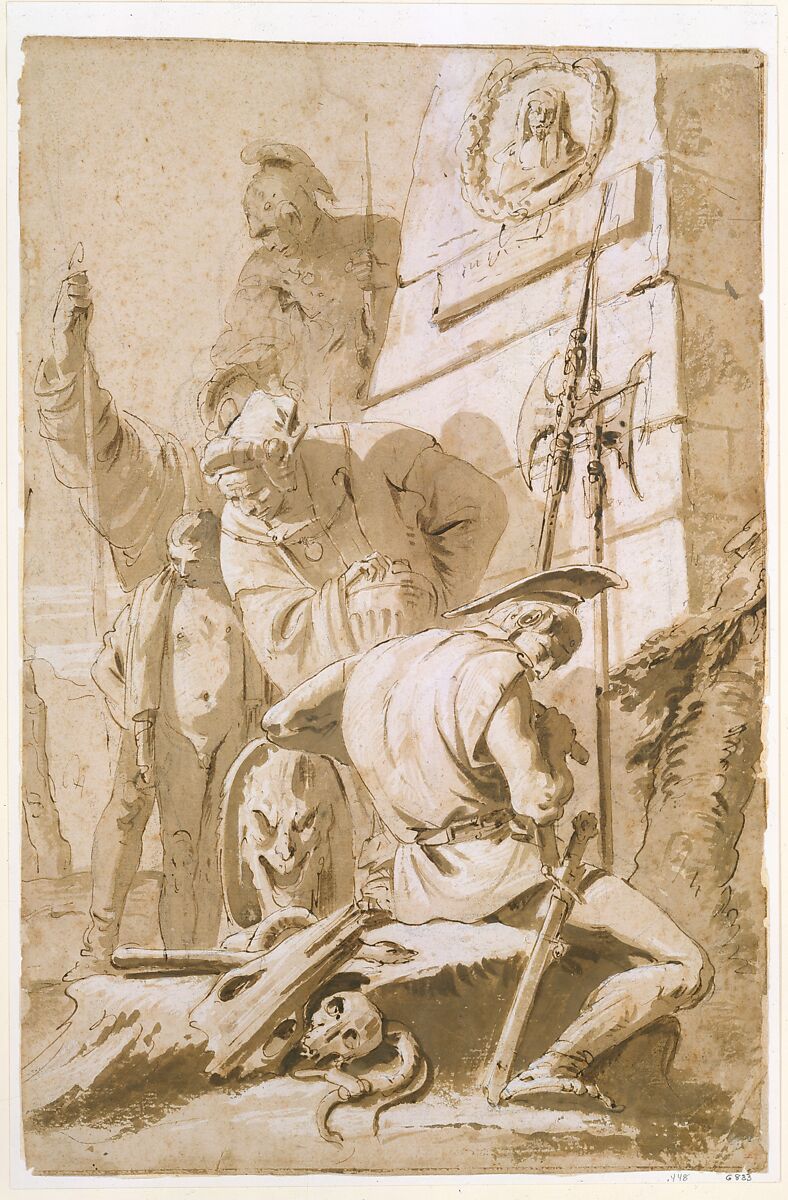 Soldiers Around a Monument, Giovanni Battista Tiepolo (Italian, Venice 1696–1770 Madrid), Pen and brown ink, brown wash, with white heightening over black chalk 