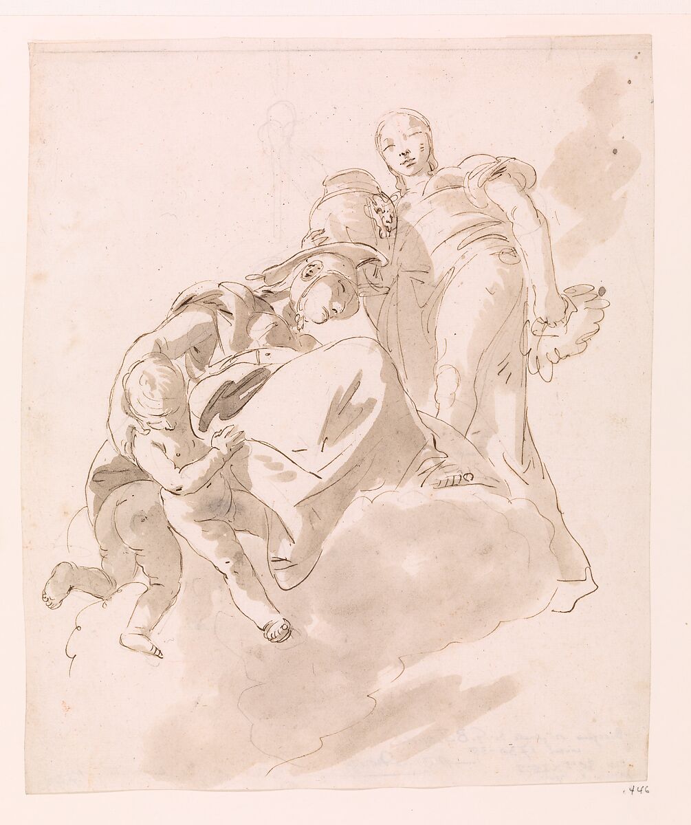 Two Allegorical Figures for a Ceiling, Giovanni Battista Tiepolo (Italian, Venice 1696–1770 Madrid), Pen and brown ink, brown wash, over black chalk 