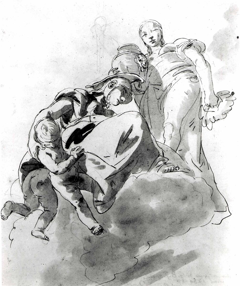 Two Allegorical Figures for a Ceiling, Giovanni Battista Tiepolo (Italian, Venice 1696–1770 Madrid), Pen and brown ink, brown wash, over black chalk