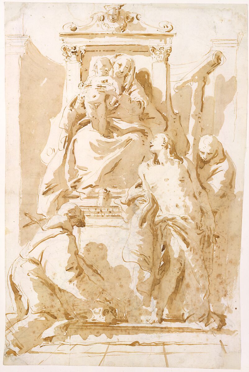 Virgin and Child with Saint John of the Cross (?), Saint Sebastian, and Saint Peter of Alcantara, Giovanni Battista Tiepolo (Italian, Venice 1696–1770 Madrid), Pen and brown ink, brown wash, over traces of black chalk 