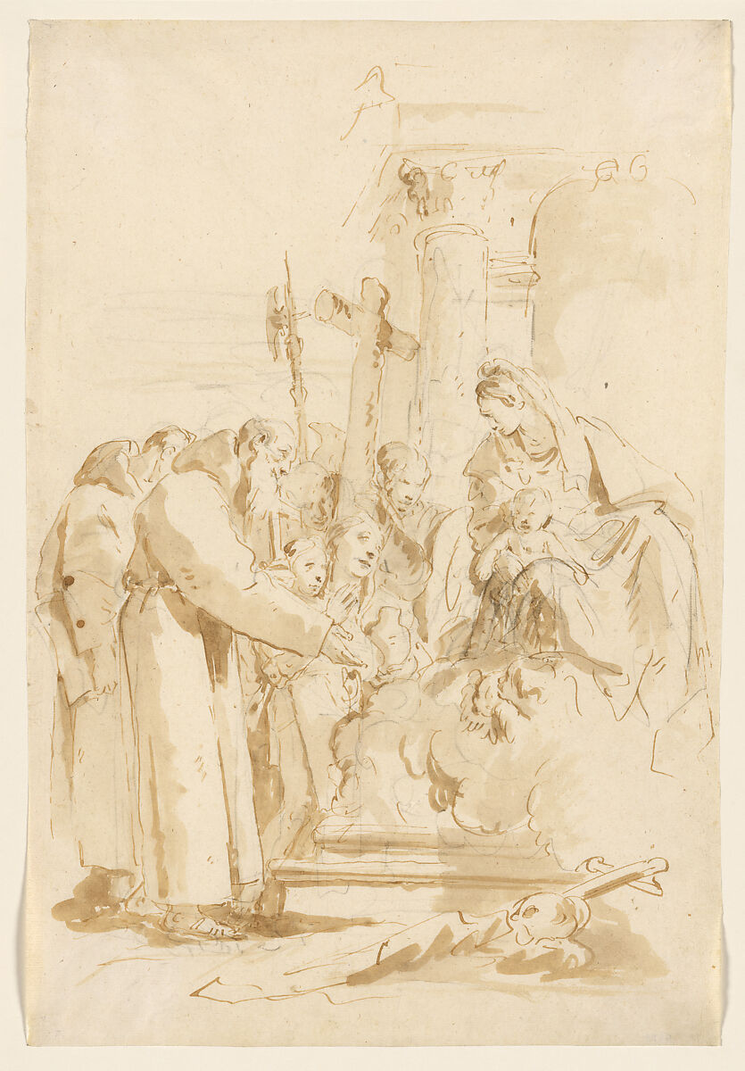 The Virgin and Child Adored by Monks and Others, Giovanni Battista Tiepolo (Italian, Venice 1696–1770 Madrid), Pen and brown ink, brown wash, over black chalk on white paper 