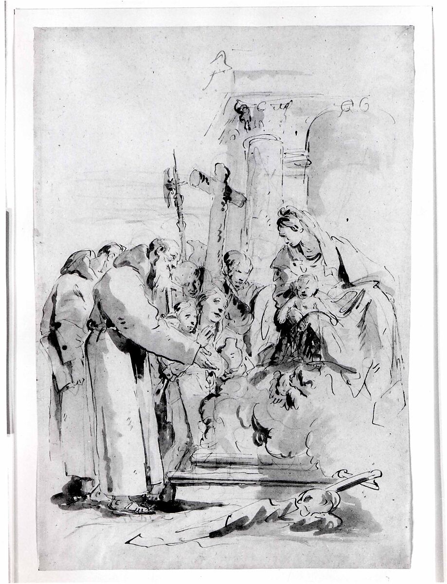 The Virgin and Child Adored by Monks and Others, Giovanni Battista Tiepolo (Italian, Venice 1696–1770 Madrid), Pen and brown ink, brown wash, over black chalk on white paper