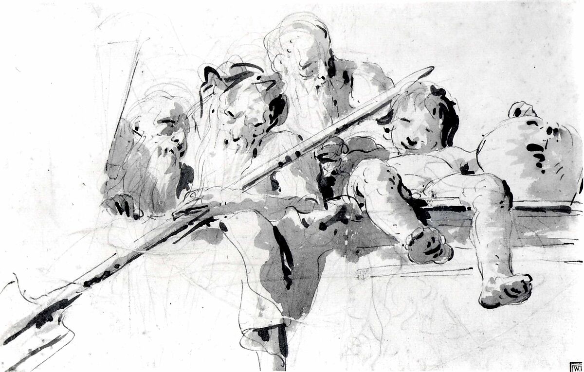 A River God and Other Figures on a Parapet, Giovanni Battista Tiepolo (Italian, Venice 1696–1770 Madrid), Pen and brown ink, brown wash, over black chalk