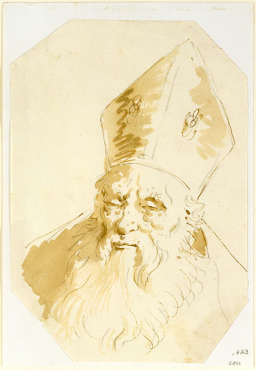 Head of a Bishop, Giovanni Battista Tiepolo (Italian, Venice 1696–1770 Madrid), Pen and light brown ink, wash, over black chalk 