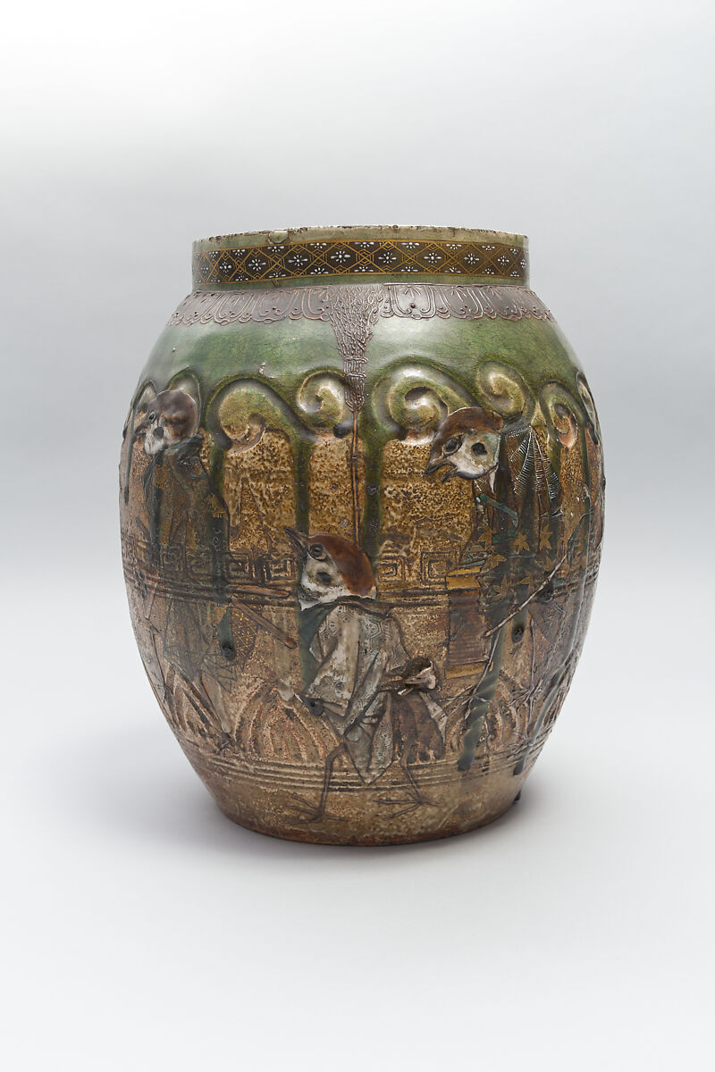 Large Pear-Shaped Jar, Pottery decorated at the neck in polychrome enamels (Seto ware), Japan