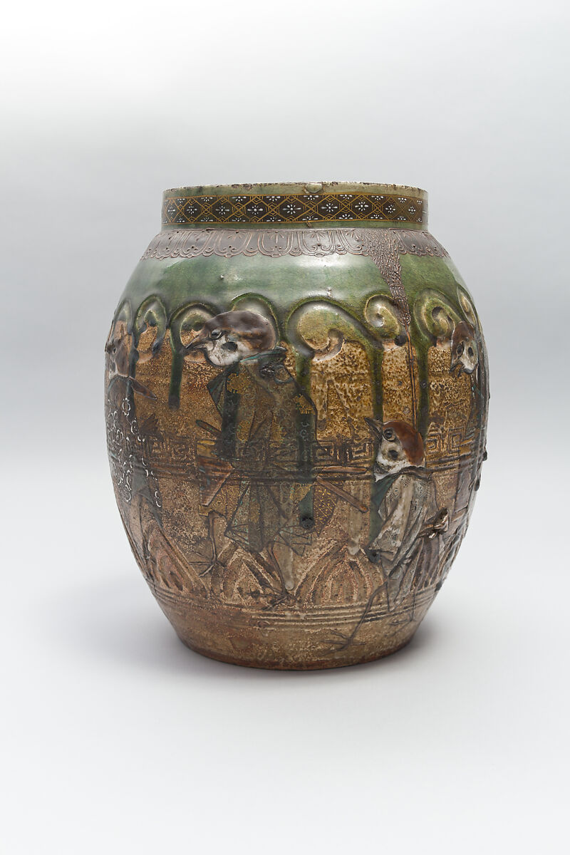 Large Pear-Shaped Jar, Pottery decorated at the neck in polychrome enamels (Seto ware), Japan