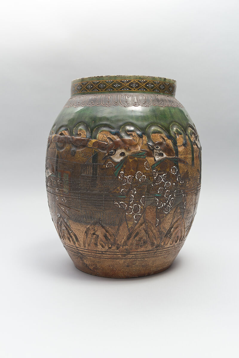 Large Pear-Shaped Jar, Pottery decorated at the neck in polychrome enamels (Seto ware), Japan