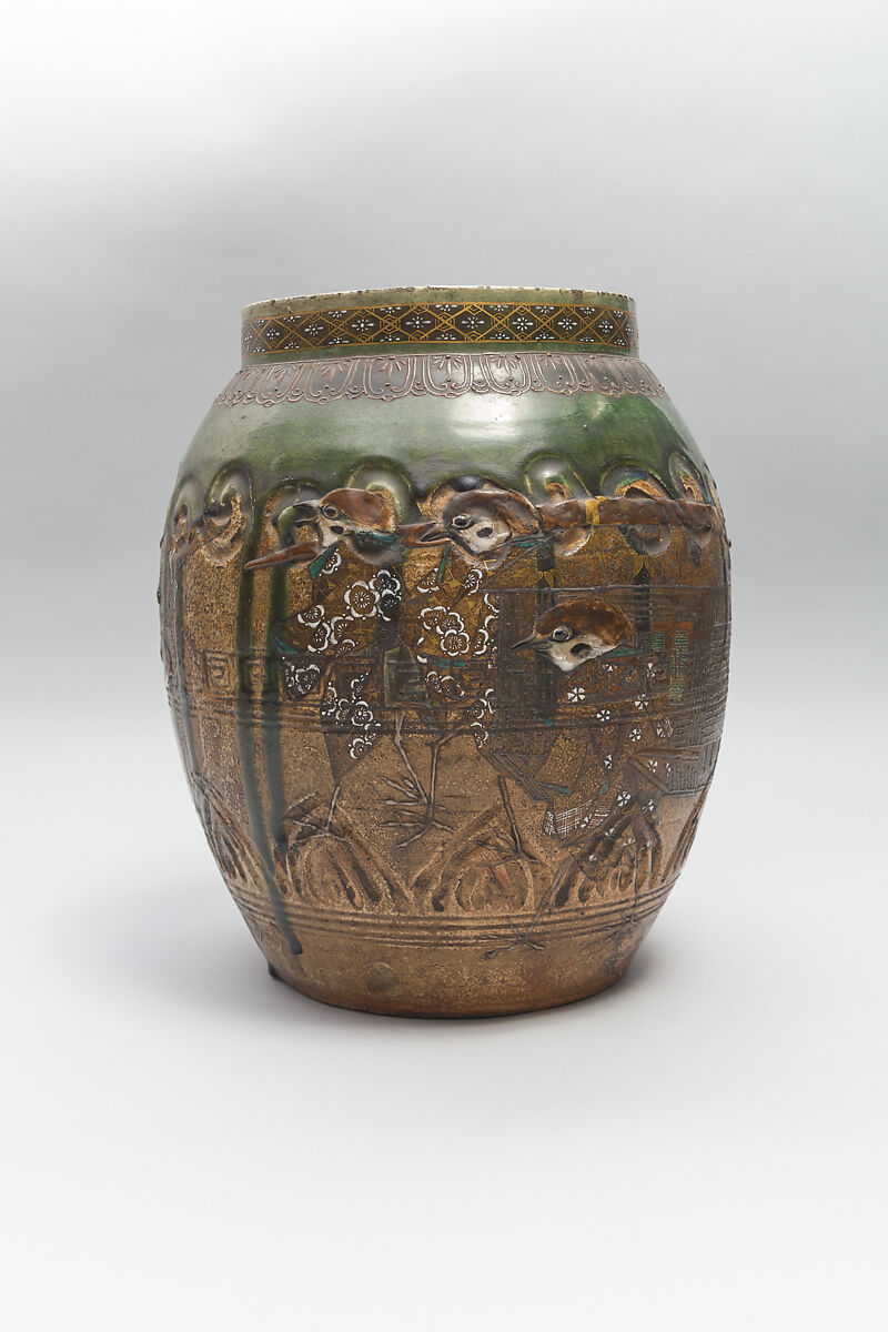 Large Pear-Shaped Jar, Pottery decorated at the neck in polychrome enamels (Seto ware), Japan