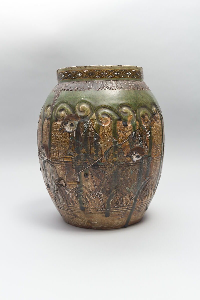 Large Pear-Shaped Jar, Pottery decorated at the neck in polychrome enamels (Seto ware), Japan