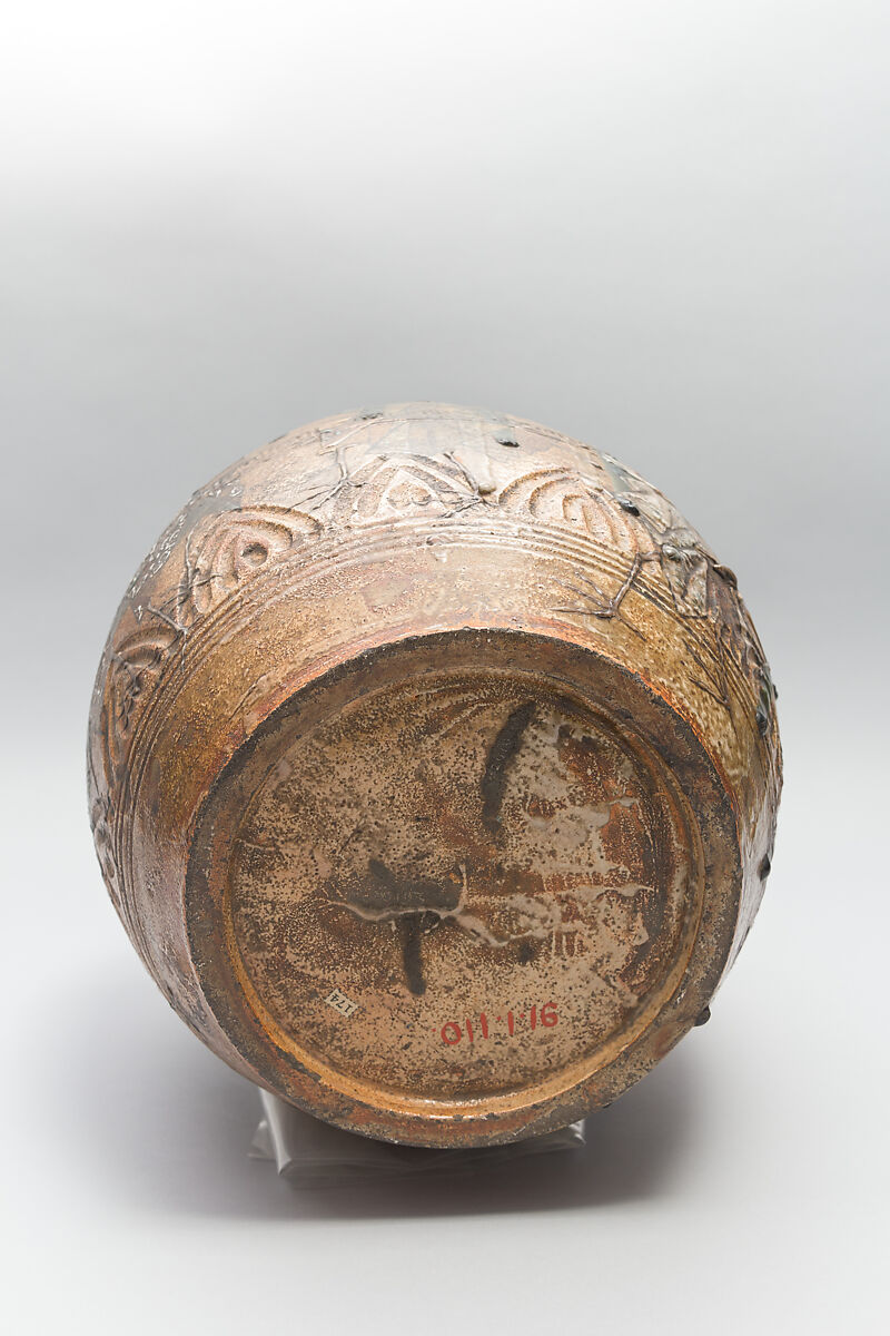Large Pear-Shaped Jar, Pottery decorated at the neck in polychrome enamels (Seto ware), Japan