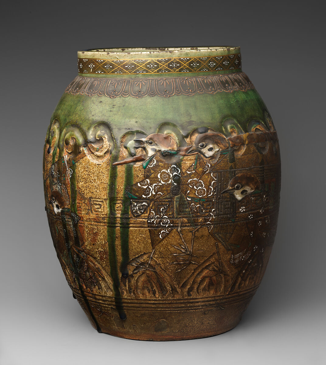 Large Pear-Shaped Jar, Pottery decorated at the neck in polychrome enamels (Seto ware), Japan