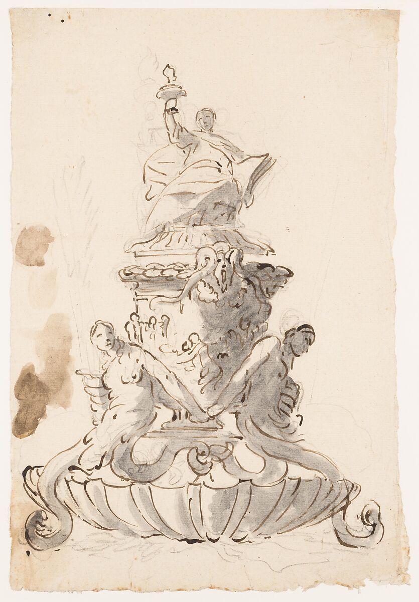 Study for an Inkstand, Giovanni Battista Tiepolo (Italian, Venice 1696–1770 Madrid), Pen and brown ink, gray wash, with splashes of brown wash on the left, over black chalk 